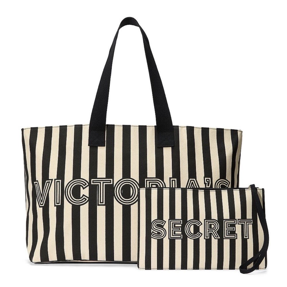 NWT VICTORIA’S SECRET Graphic Stripe Tote & Wristlet Pouch Set NEW